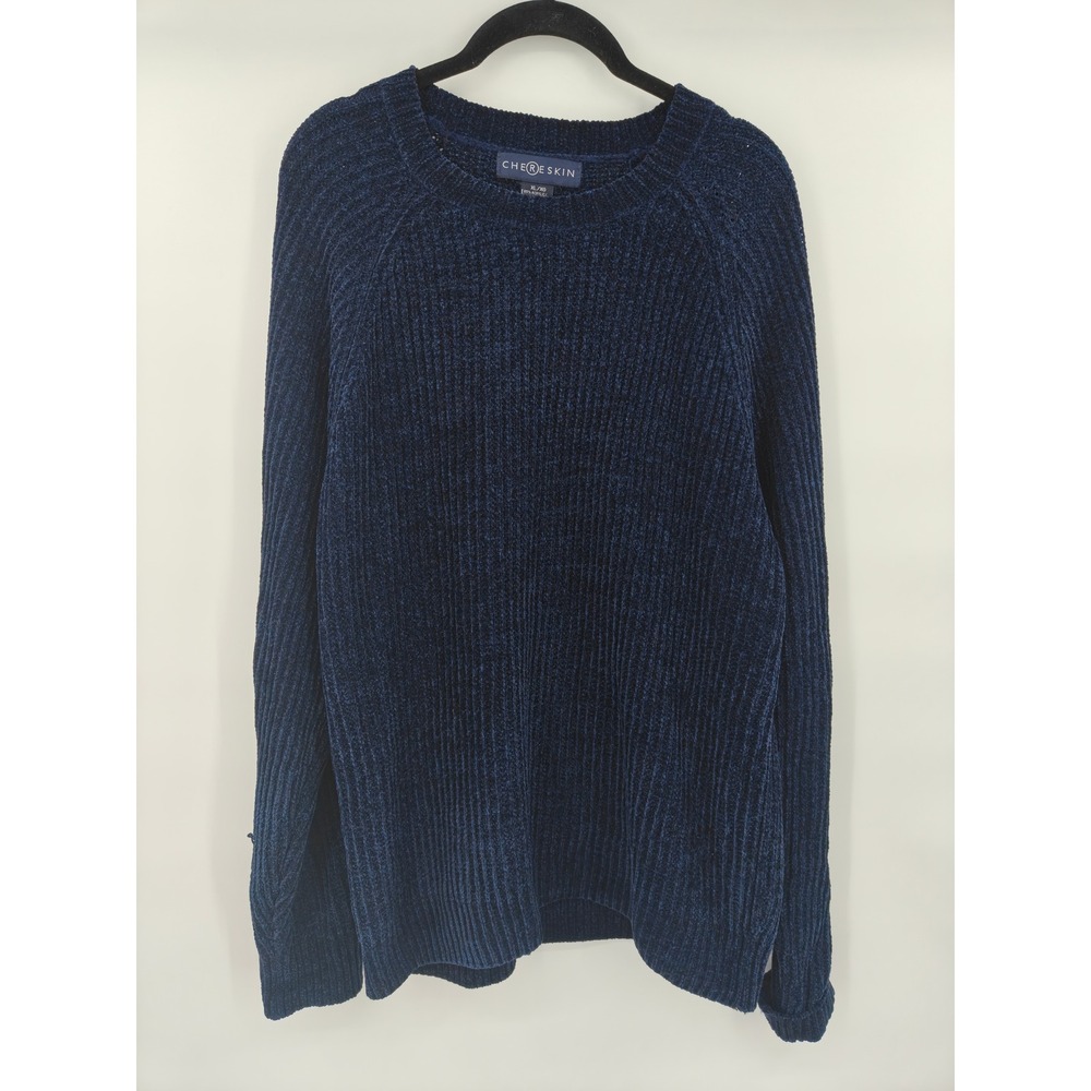 Chereskin Mens XL Navy Blue Ribbed Chenille Knit Crew Neck Raglan Sweater